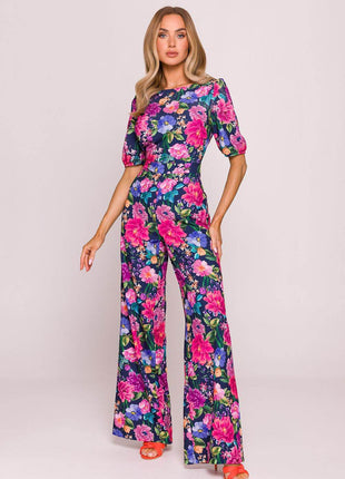 Floral Wide-Leg Jumpsuit with Puff Sleeves and Back Cut-Out - MimiStylez
