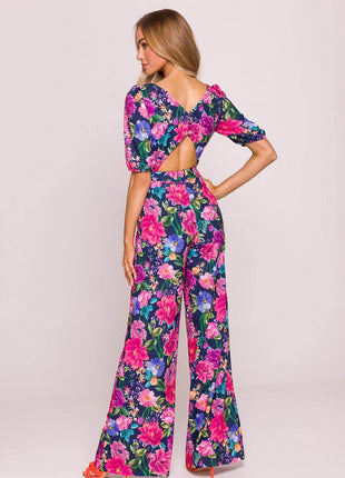 Floral Wide-Leg Jumpsuit with Puff Sleeves and Back Cut-Out - MimiStylez