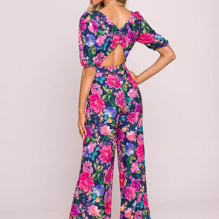 Floral Wide-Leg Jumpsuit with Puff Sleeves and Back Cut-Out - MimiStylez