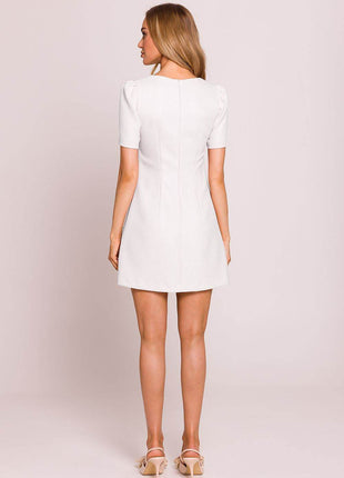 Trapeze Mini Dress with Puffy Sleeves and Heart-Shaped Gold Buttons - MimiStylez