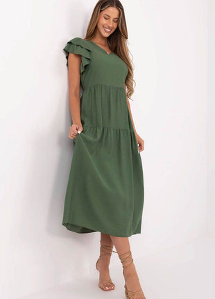 Elegant V-Neck Flared Midi Dress with Tie Waist and Back Button Closure - MimiStylez
