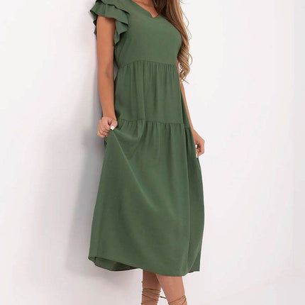 Elegant V-Neck Flared Midi Dress with Tie Waist and Back Button Closure - MimiStylez
