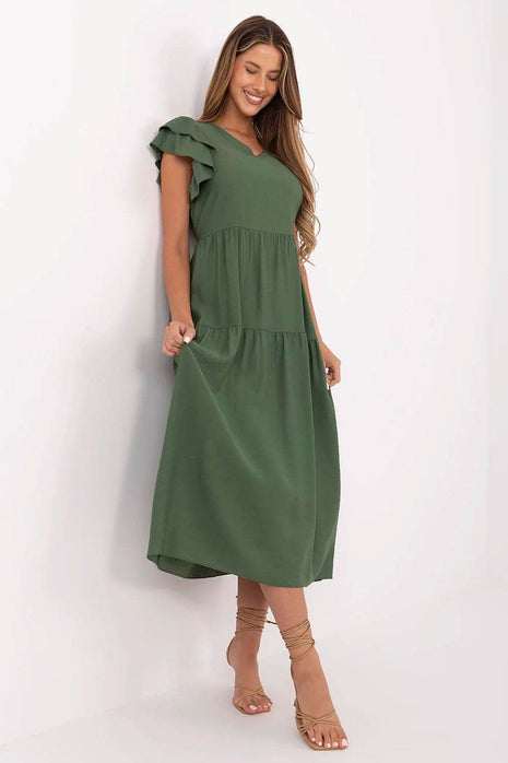 Elegant V-Neck Flared Midi Dress with Tie Waist and Back Button Closure - MimiStylez