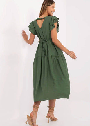 Elegant V-Neck Flared Midi Dress with Tie Waist and Back Button Closure - MimiStylez
