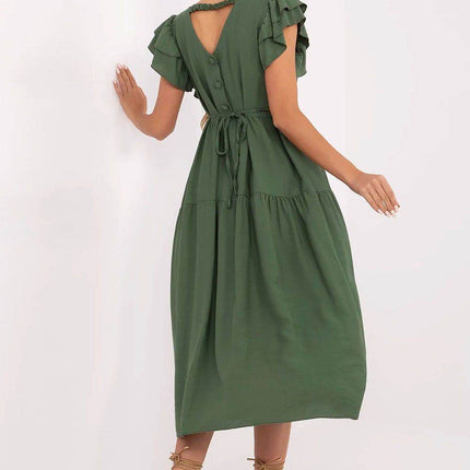 Elegant V-Neck Flared Midi Dress with Tie Waist and Back Button Closure - MimiStylez