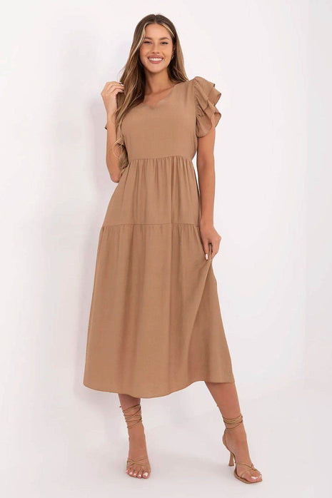 Elegant V-Neck Flared Midi Dress with Tie Waist and Back Button Closure - MimiStylez