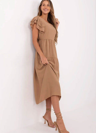 Elegant V-Neck Flared Midi Dress with Tie Waist and Back Button Closure - MimiStylez