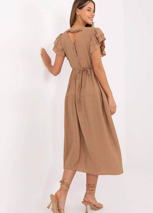 Elegant V-Neck Flared Midi Dress with Tie Waist and Back Button Closure - MimiStylez