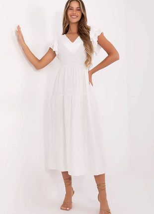 Elegant V-Neck Flared Midi Dress with Tie Waist and Back Button Closure - MimiStylez