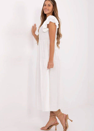 Elegant V-Neck Flared Midi Dress with Tie Waist and Back Button Closure - MimiStylez