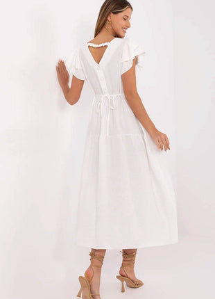 Elegant V-Neck Flared Midi Dress with Tie Waist and Back Button Closure - MimiStylez