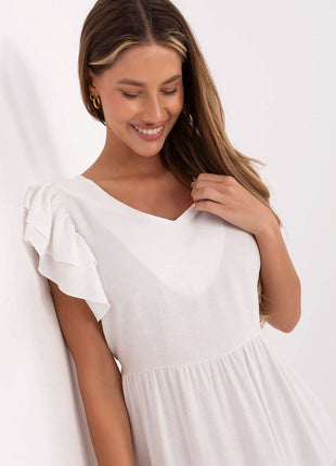 Elegant V-Neck Flared Midi Dress with Tie Waist and Back Button Closure - MimiStylez