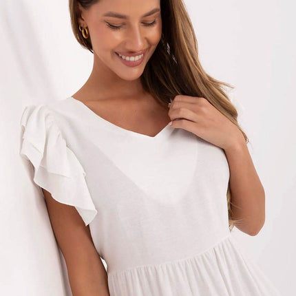 Elegant V-Neck Flared Midi Dress with Tie Waist and Back Button Closure - MimiStylez