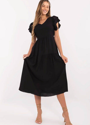 Elegant V-Neck Flared Midi Dress with Tie Waist and Back Button Closure - MimiStylez