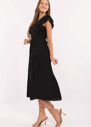 Elegant V-Neck Flared Midi Dress with Tie Waist and Back Button Closure - MimiStylez