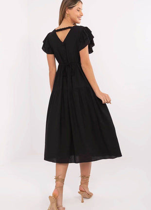 Elegant V-Neck Flared Midi Dress with Tie Waist and Back Button Closure - MimiStylez