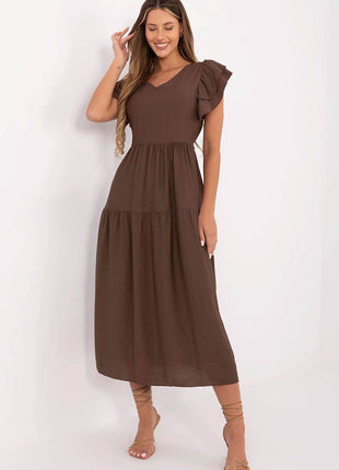 Elegant V-Neck Flared Midi Dress with Tie Waist and Back Button Closure - MimiStylez