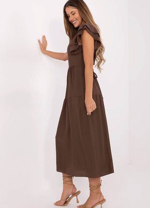 Elegant V-Neck Flared Midi Dress with Tie Waist and Back Button Closure - MimiStylez