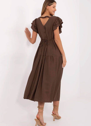 Elegant V-Neck Flared Midi Dress with Tie Waist and Back Button Closure - MimiStylez