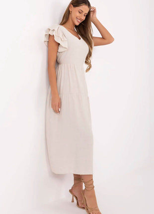 Elegant V-Neck Flared Midi Dress with Tie Waist and Back Button Closure - MimiStylez