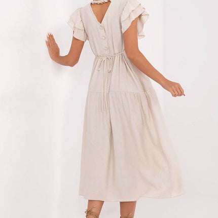 Elegant V-Neck Flared Midi Dress with Tie Waist and Back Button Closure - MimiStylez
