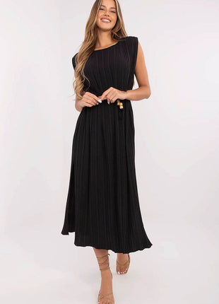 Sleeveless Pleated Flared Midi Dress with Waist Tie & Shoulder Pads - MimiStylez