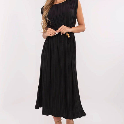 Sleeveless Pleated Flared Midi Dress with Waist Tie & Shoulder Pads - MimiStylez