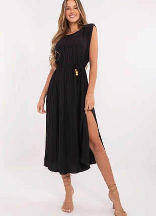 Sleeveless Pleated Flared Midi Dress with Waist Tie & Shoulder Pads - MimiStylez