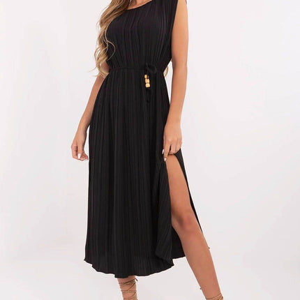 Sleeveless Pleated Flared Midi Dress with Waist Tie & Shoulder Pads - MimiStylez