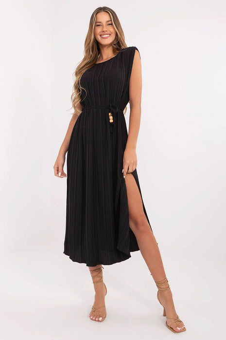 Sleeveless Pleated Flared Midi Dress with Waist Tie & Shoulder Pads - MimiStylez