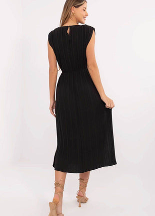 Sleeveless Pleated Flared Midi Dress with Waist Tie & Shoulder Pads - MimiStylez