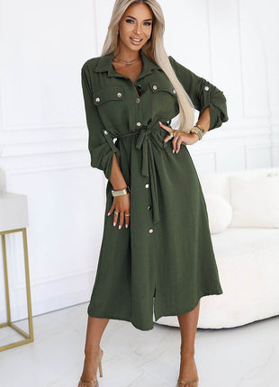 Beige Emery 3/4 Sleeve Midi Dress with Gold Buttons & Waist Tie - MimiStylez