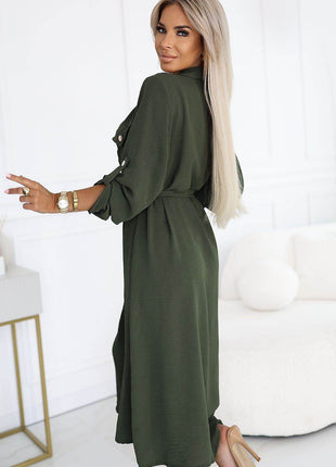 Beige Emery 3/4 Sleeve Midi Dress with Gold Buttons & Waist Tie - MimiStylez