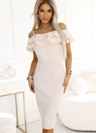 Elegant Beige Spanish Midi Dress with Exposed Shoulders & Double Flounce - MimiStylez
