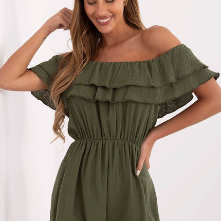 Lightweight Off-Shoulder Muslin Jumpsuit with Ruffle Detail - MimiStylez