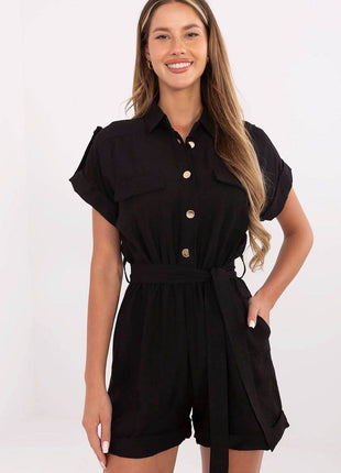Casual Short Jumpsuit with Waist Tie and Button Front - MimiStylez