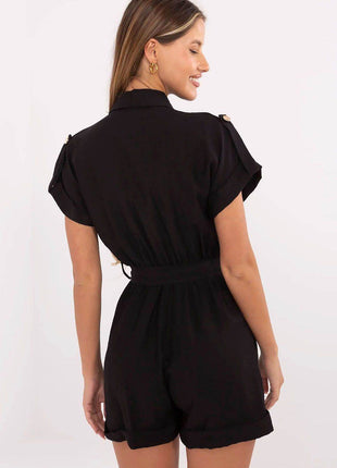 Casual Short Jumpsuit with Waist Tie and Button Front - MimiStylez