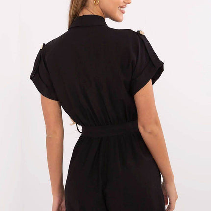 Casual Short Jumpsuit with Waist Tie and Button Front - MimiStylez