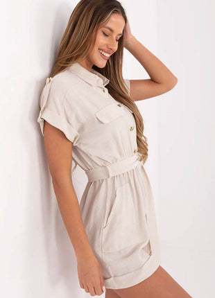 Casual Short Jumpsuit with Waist Tie and Button Front - MimiStylez