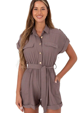 Casual Short Jumpsuit with Waist Tie and Button Front - MimiStylez