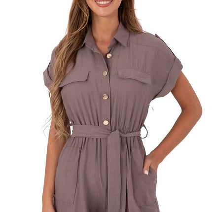 Casual Short Jumpsuit with Waist Tie and Button Front - MimiStylez