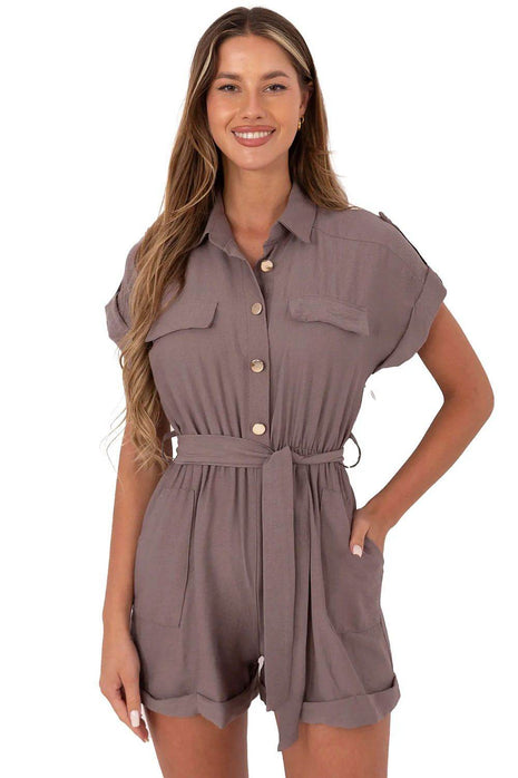 Casual Short Jumpsuit with Waist Tie and Button Front - MimiStylez