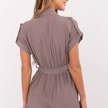 Casual Short Jumpsuit with Waist Tie and Button Front - MimiStylez