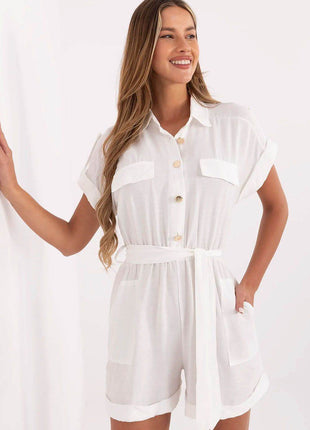 Casual Short Jumpsuit with Waist Tie and Button Front - MimiStylez
