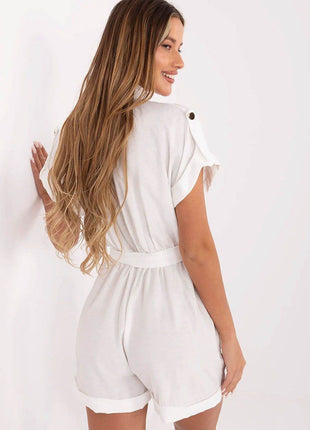 Casual Short Jumpsuit with Waist Tie and Button Front - MimiStylez