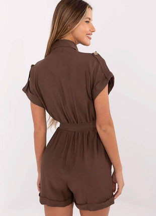 Casual Short Jumpsuit with Waist Tie and Button Front - MimiStylez
