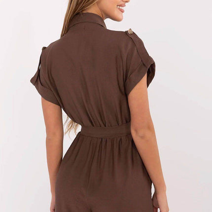 Casual Short Jumpsuit with Waist Tie and Button Front - MimiStylez