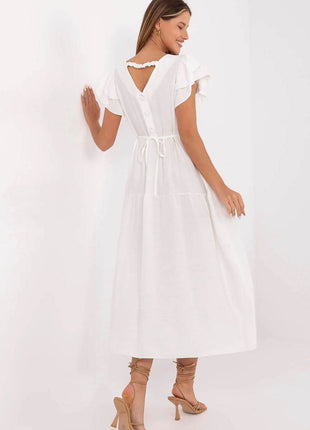 Elegant V-Neck Flared Midi Dress with Tie Waist and Back Button Closure - MimiStylez