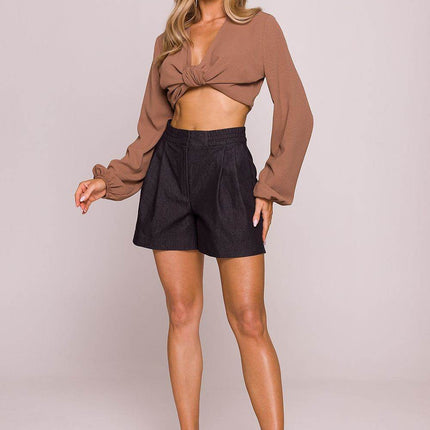 High-Waisted Cotton Shorts with Front Pleats and Side Pockets - MimiStylez