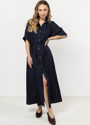 Striped Linen Shirtdress with Stand-Up Collar & Waist Belt - MimiStylez